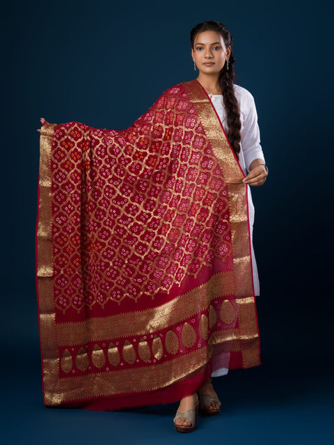 KcPc Pure Georgette Banarasi Bandhani Dupatta Mehroon