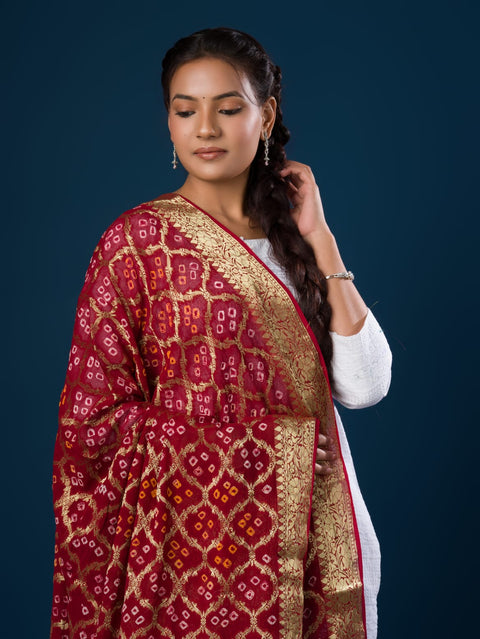 KcPc Pure Georgette Banarasi Bandhani Dupatta Mehroon