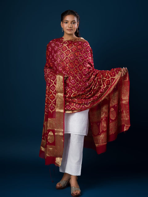 KcPc Pure Georgette Banarasi Bandhani Dupatta Mehroon