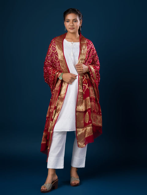 KcPc Pure Georgette Banarasi Bandhani Dupatta Mehroon