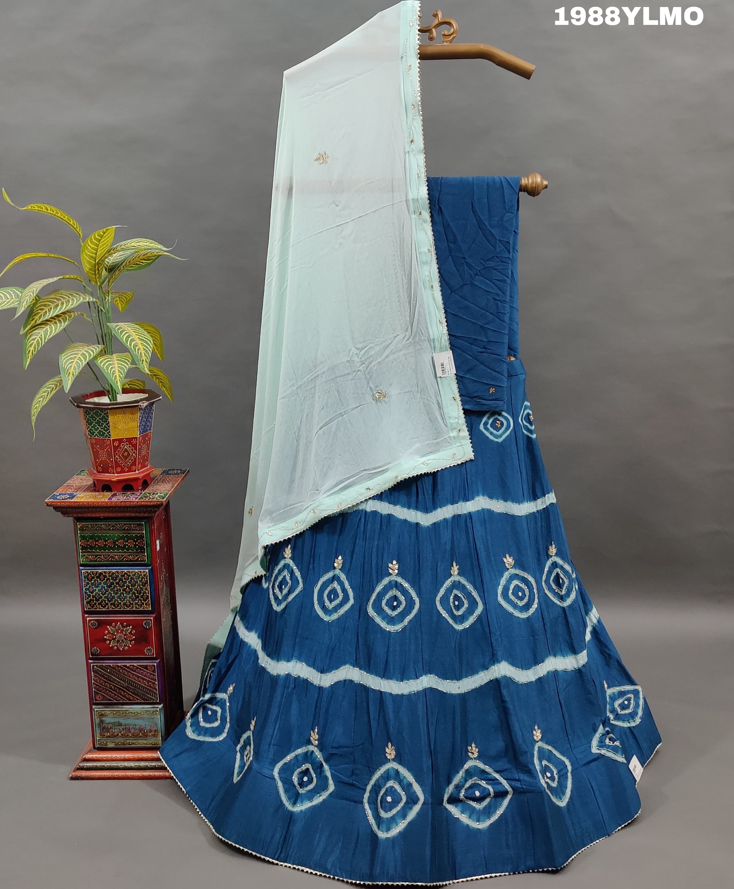 A Pure Upada Silk lehenga set with bandhani pattern and cutdana work