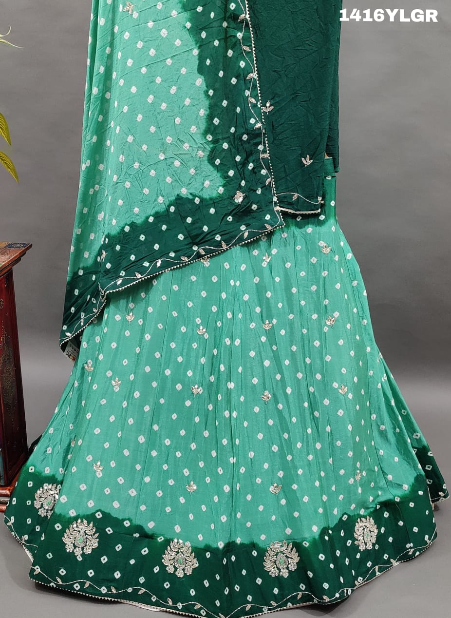 Bandhani Design Cutdana work Lehenga in green colour