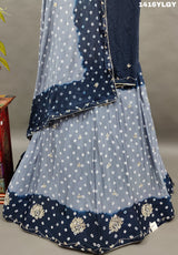 A lehenga set with a blue and gray colordouble shade Bandhani cutdana work