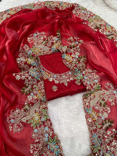 KcPc New Designer Pure Tissue Silk Kashida embroidery Saree HM