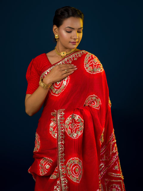 KcPc Latest New Pure Gaji Silk Handmade Bandhej Gotapatti Laddu Bandhej Saree  AMT Mehroon
