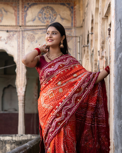 Red saree with white patterns Gaji Silk Bandhani Heavy Gotapatti Work 