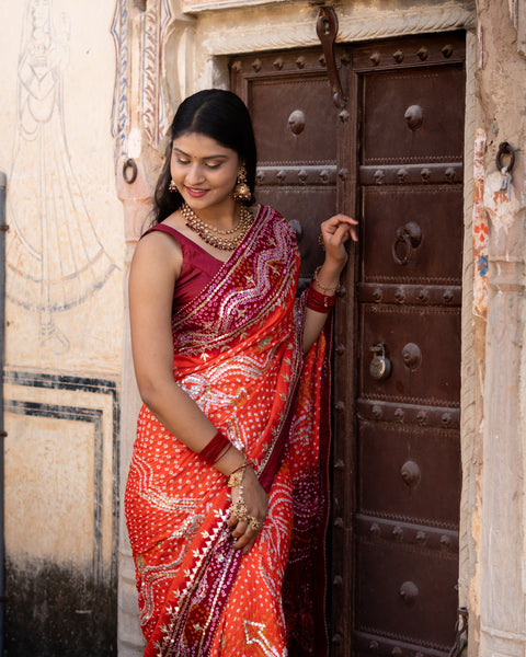 Red saree with white patterns Gaji Silk Bandhani Heavy Gotapatti Work 