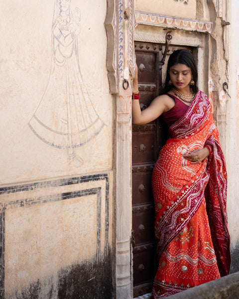Red saree with white patterns Gaji Silk Bandhani Heavy Gotapatti Work 