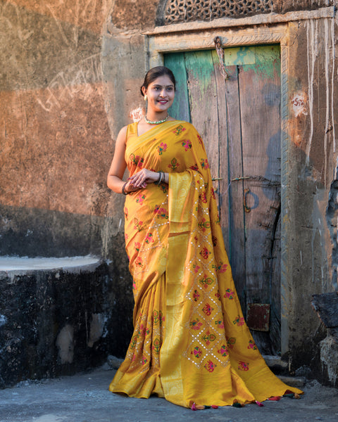 KcPc New Dola Silk Patola embroidery Style With Mirror Work Saree ant