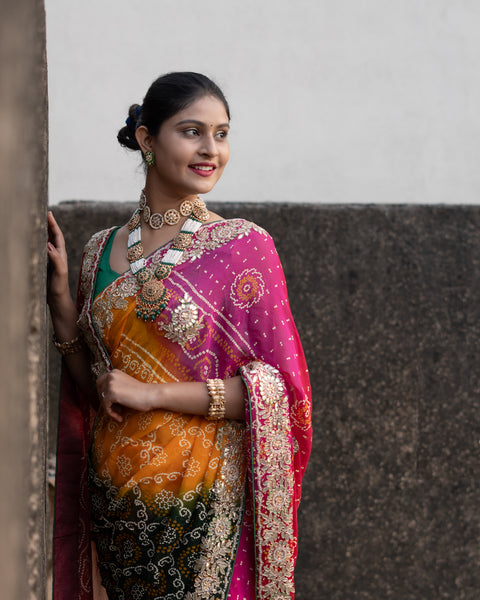 KcPc Pure Georgette Raidana Bandhej Gotapatti Pachrangi Chunri Jaipuri Saree  SL