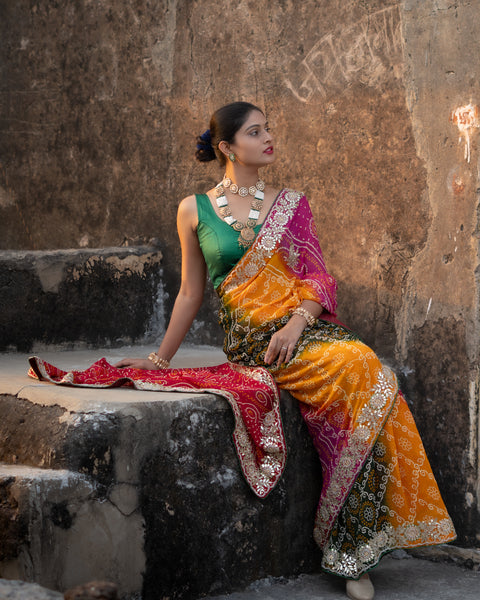 KcPc Pure Georgette Raidana Bandhej Gotapatti Pachrangi Chunri Jaipuri Saree  SL