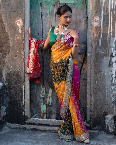 KcPc Pure Georgette Raidana Bandhej Gotapatti Pachrangi Chunri Jaipuri Saree  SL