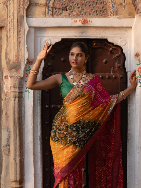 KcPc Pure Georgette Raidana Bandhej Gotapatti Pachrangi Chunri Jaipuri Saree  SL