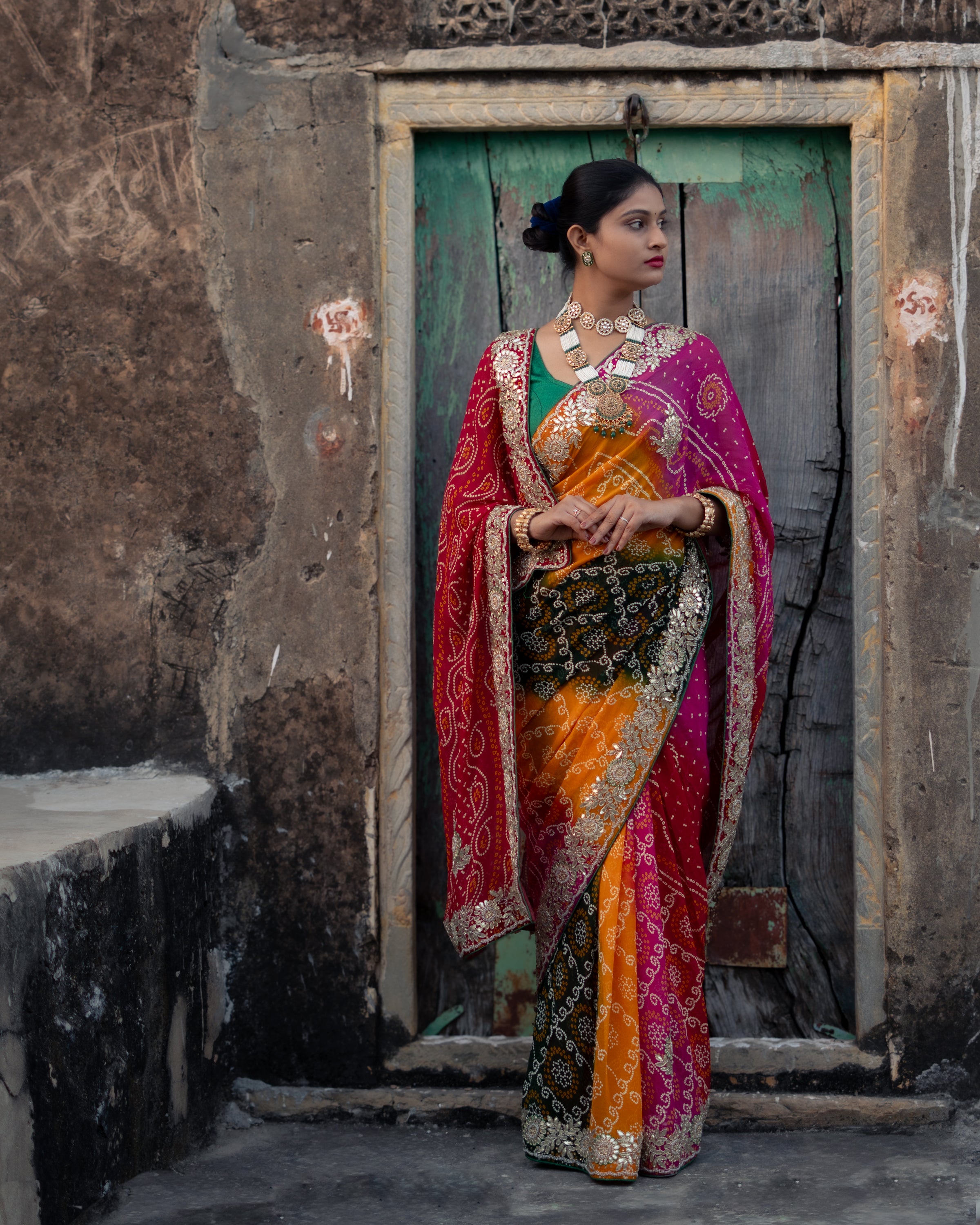 KcPc Pure Georgette Raidana Bandhej Gotapatti Pachrangi Chunri Jaipuri SareeSL