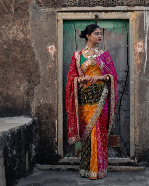 KcPc Pure Georgette Raidana Bandhej Gotapatti Pachrangi Chunri Jaipuri Saree  SL