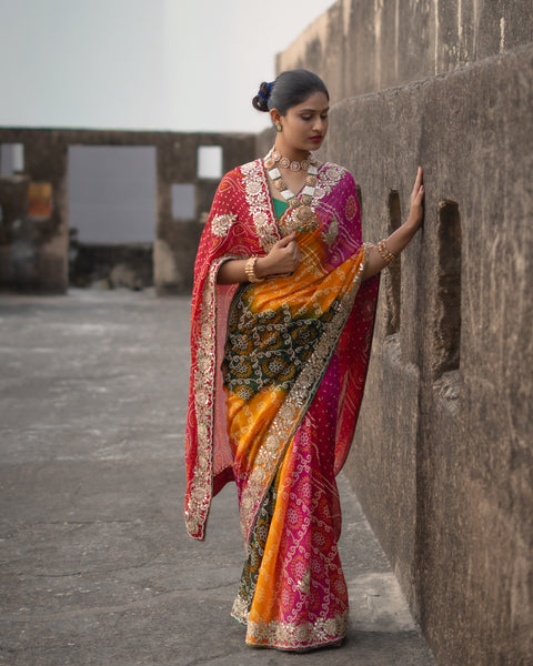 KcPc Pure Georgette Raidana Bandhej Gotapatti Pachrangi Chunri Jaipuri Saree  SL