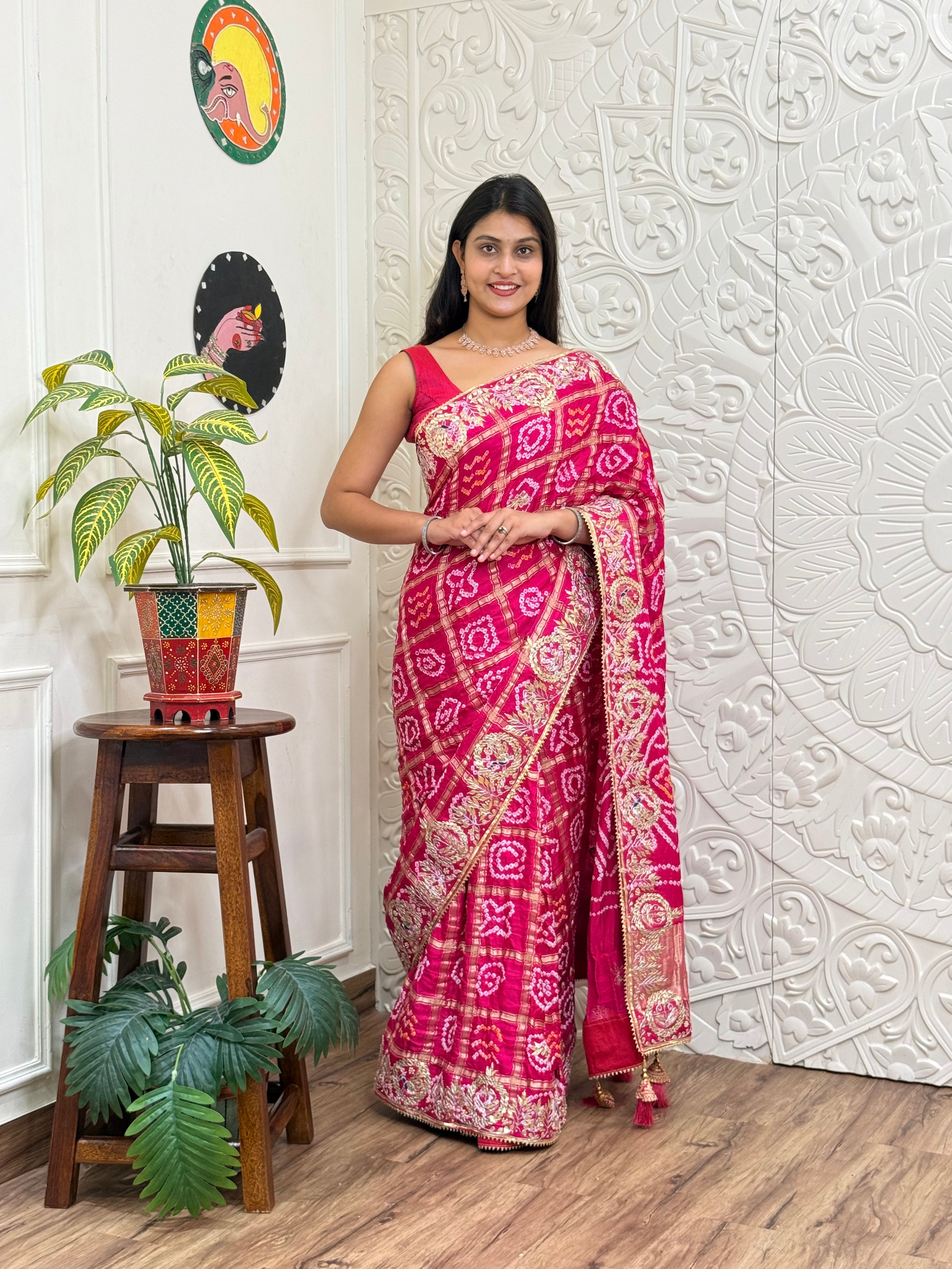Buy New Latest Pure Gaji Silk Bandhani Ghatchola Gotapatti Saree
