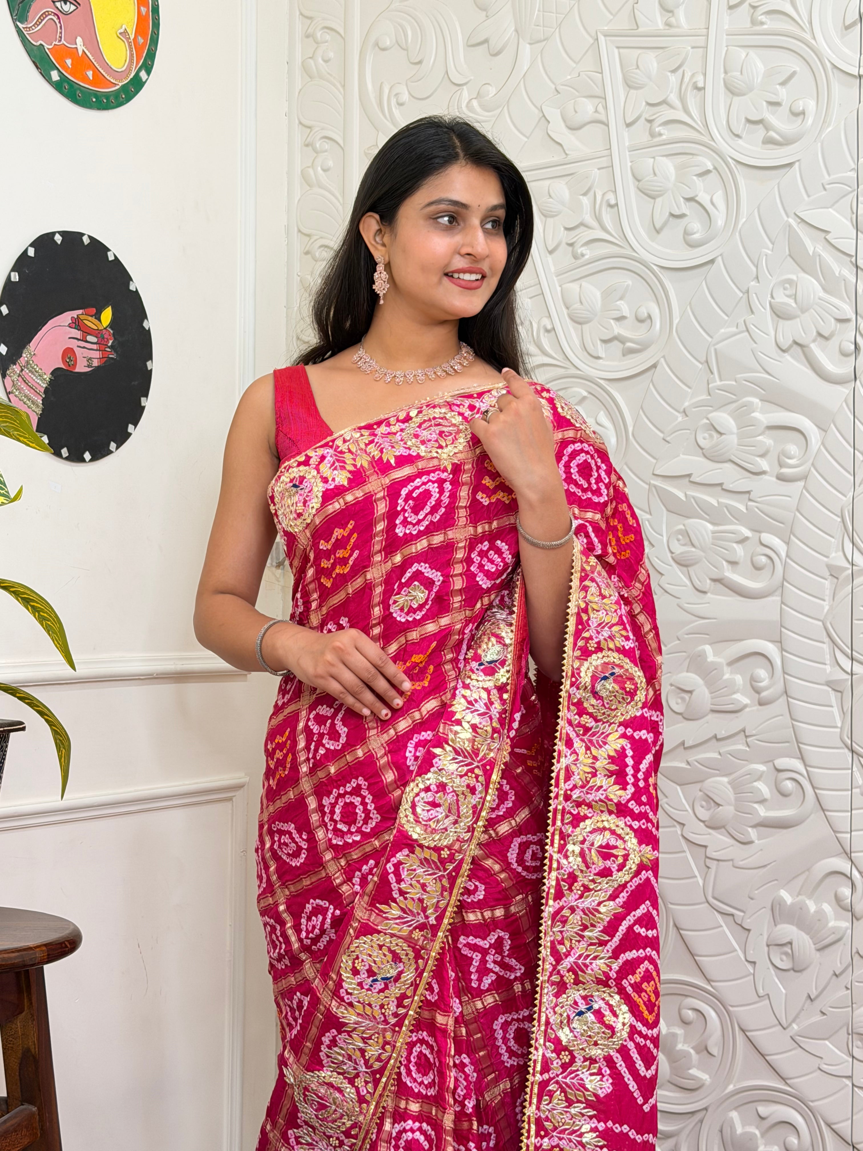 Buy New Latest Pure Gaji Silk Bandhani Ghatchola Gotapatti Saree