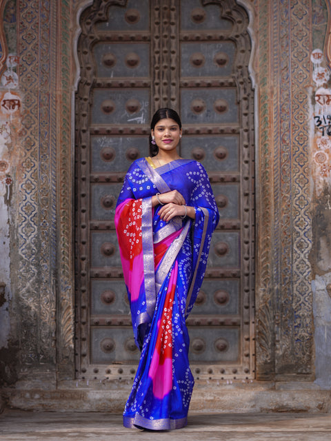 KcPc New Classic Bandhani Style Moss Chiffon Georgette Saree with Rich Zari Border KDN