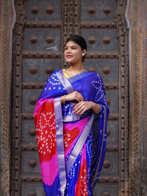 KcPc New Classic Bandhani Style Moss Chiffon Georgette Saree with Rich Zari Border KDN