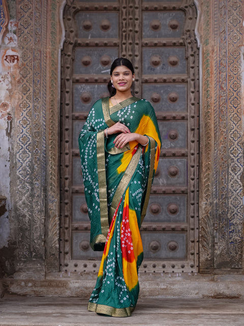 KcPc New Elegant Moss Chiffon Georgette Bandhani Saree with Zari Border KDN