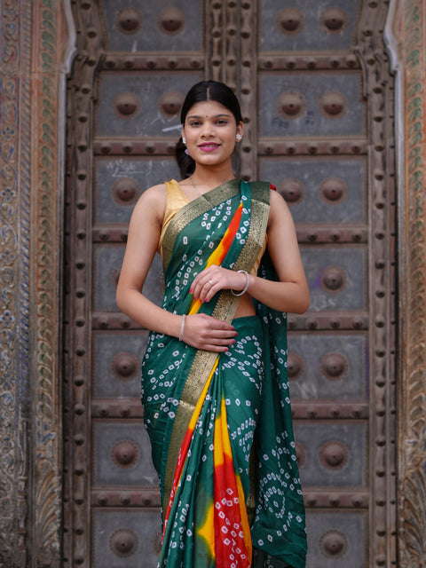 KcPc New Elegant Moss Chiffon Georgette Bandhani Saree with Zari Border KDN