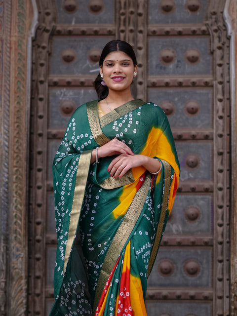 KcPc New Elegant Moss Chiffon Georgette Bandhani Saree with Zari Border KDN