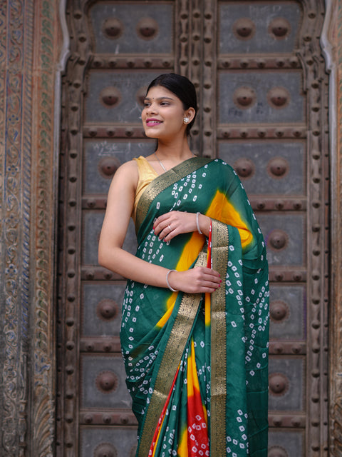 KcPc New Elegant Moss Chiffon Georgette Bandhani Saree with Zari Border KDN