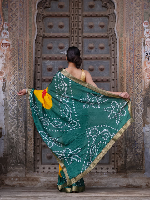 KcPc New Elegant Moss Chiffon Georgette Bandhani Saree with Zari Border KDN