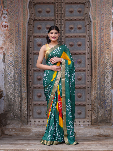 KcPc New Elegant Moss Chiffon Georgette Bandhani Saree with Zari Border KDN