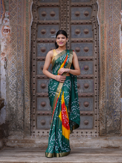 KcPc New Elegant Moss Chiffon Georgette Bandhani Saree with Zari Border KDN
