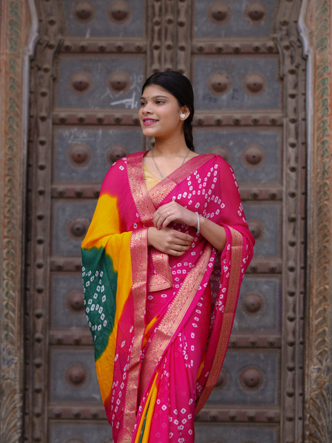KcPc New Graceful Bandhani Style Moss Chiffon Georgette Saree with Zari Border KDN