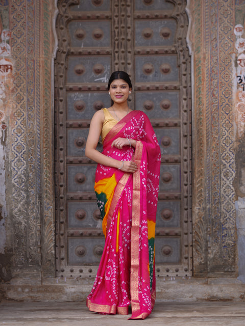 KcPc New Graceful Bandhani Style Moss Chiffon Georgette Saree with Zari Border KDN