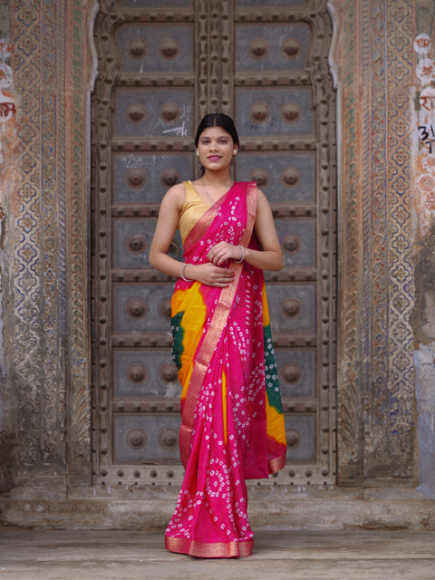 KcPc New Graceful Bandhani Style Moss Chiffon Georgette Saree with Zari Border KDN
