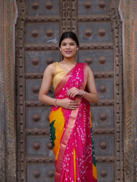 KcPc New Graceful Bandhani Style Moss Chiffon Georgette Saree with Zari Border KDN