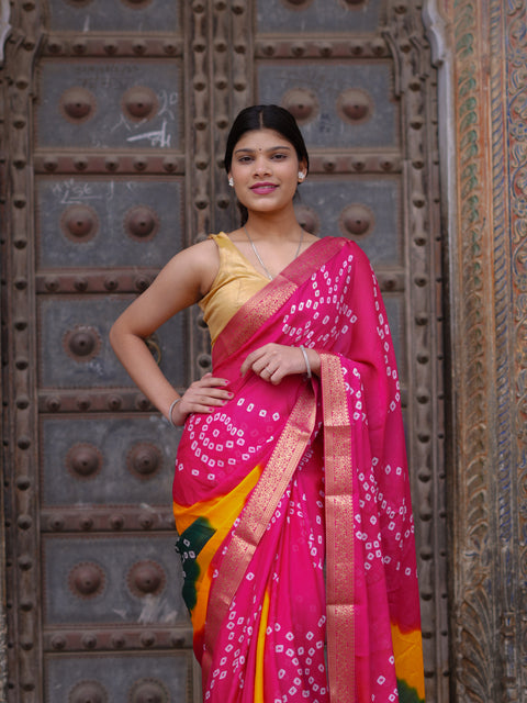 KcPc New Graceful Bandhani Style Moss Chiffon Georgette Saree with Zari Border KDN