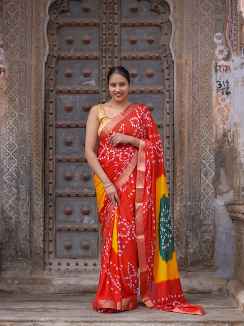 KcPc New Moss Chiffon Georgette Bandhani Style Saree with Zari Border KDN