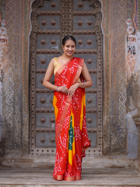KcPc New Moss Chiffon Georgette Bandhani Style Saree with Zari Border KDN