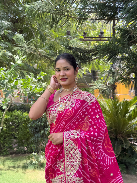 KcPc New Pure Ojariya Bandhani Saree with Gotapatti Work