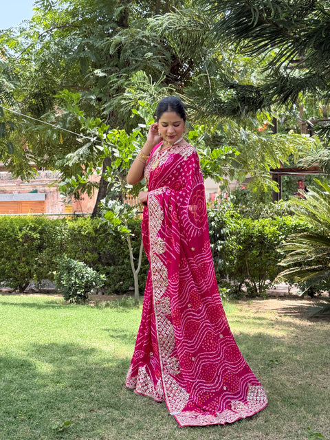 KcPc New Pure Ojariya Bandhani Saree with Gotapatti Work