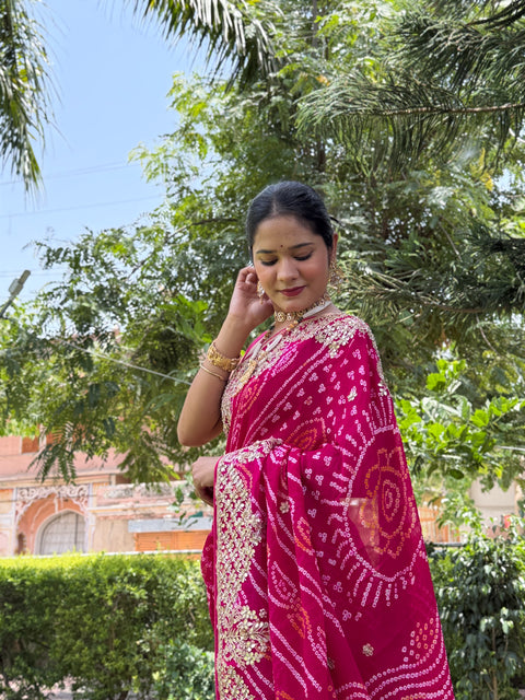 KcPc New Pure Ojariya Bandhani Saree with Gotapatti Work