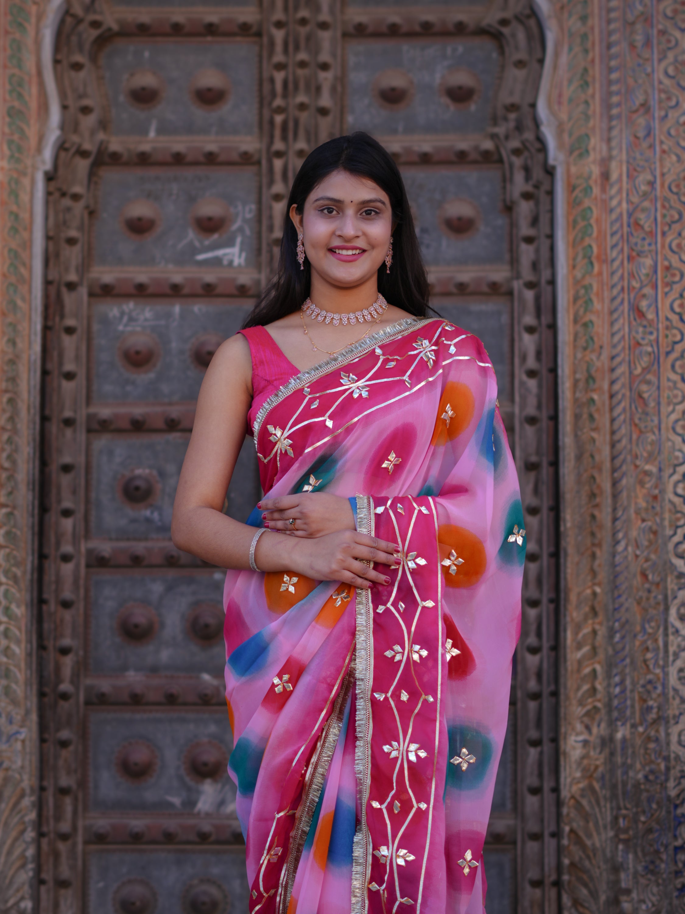 KcPc New Chiffon Traditional Saree with Beautiful Gotapatti Work MHS