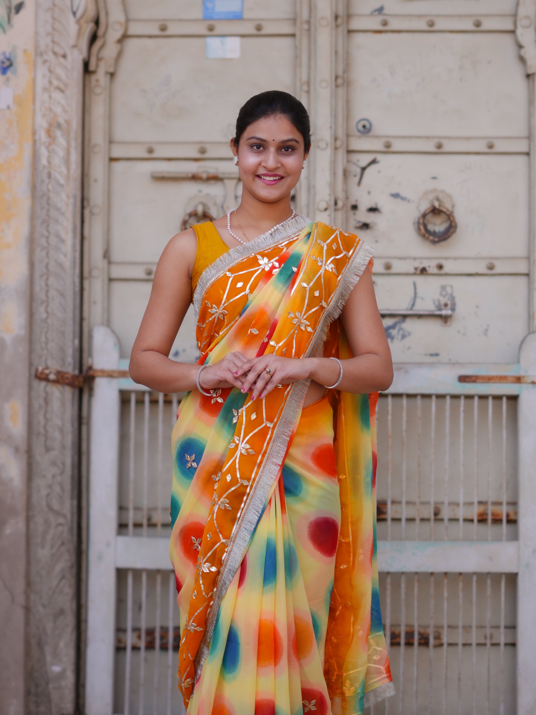 KcPc New Premium Chiffon Saree with Handcrafted Gotapatti Embellishment MHS