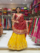 KcPc New Pure Gaji Silk Dupptta GotapattiMoti Foil Work Yellow Red BTU