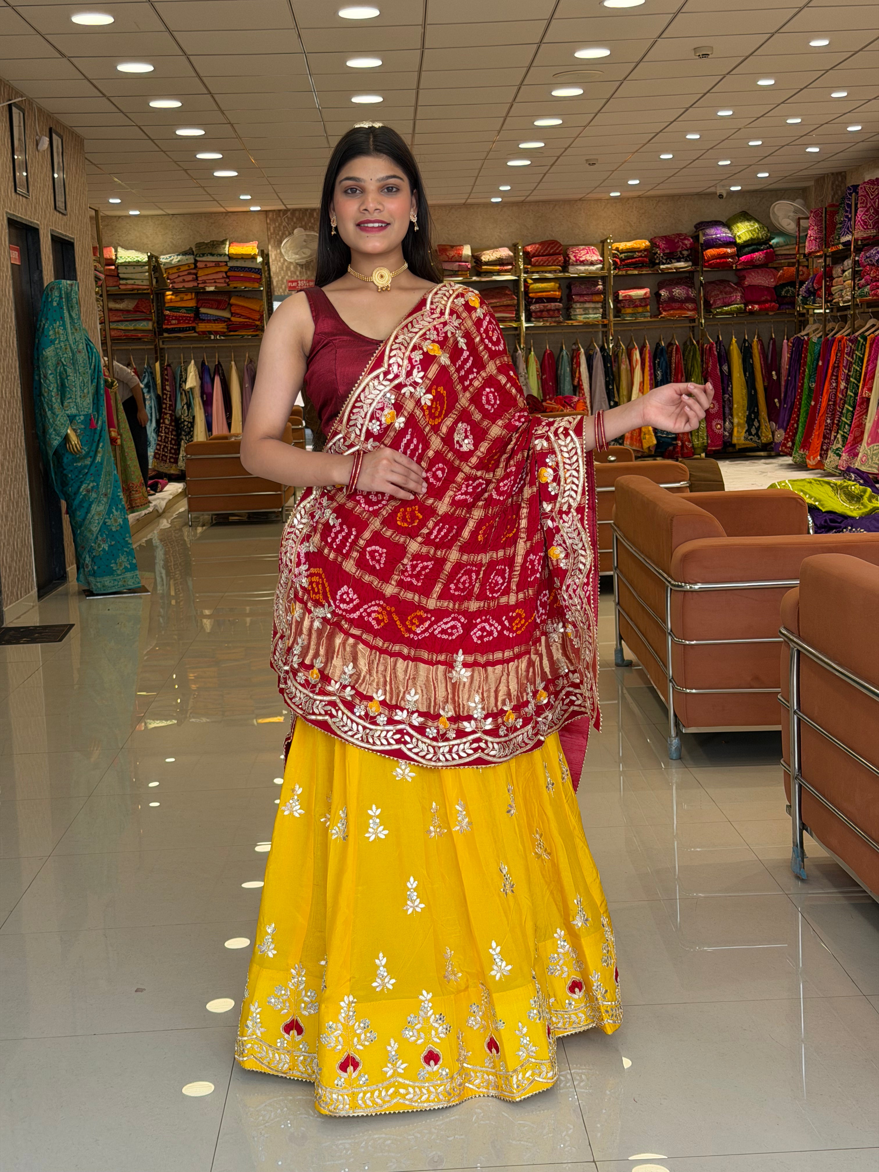 KcPc New Pure Gaji Silk Dupptta GotapattiMoti Foil Work Yellow Red BTU