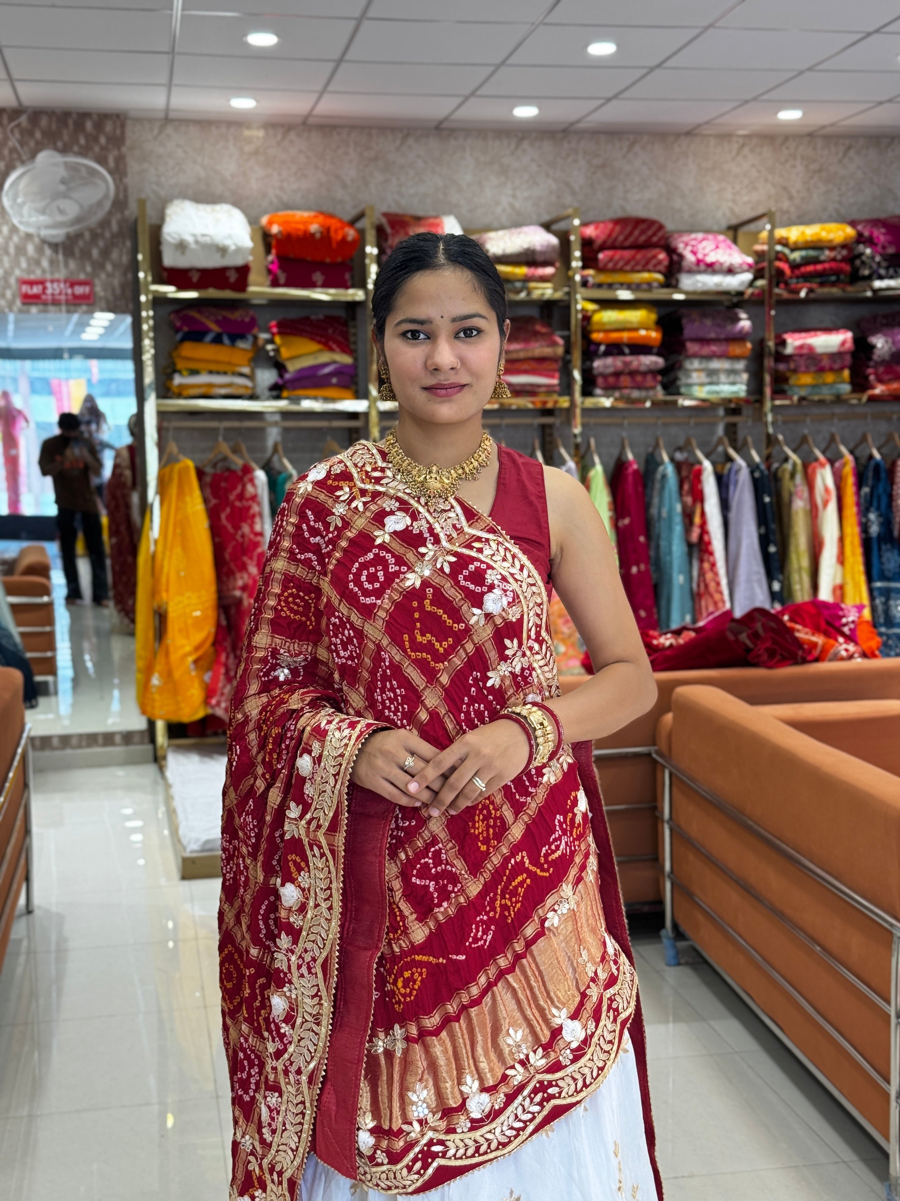 KcPcPure Gaji Silk Dupptta GotapattiMoti Foil Work White Red BTU