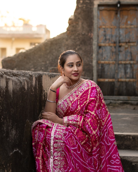 KcPc Pure Gaji Silk Bandhani Ghatchola Gotapatti Work Saree  AMT Rani