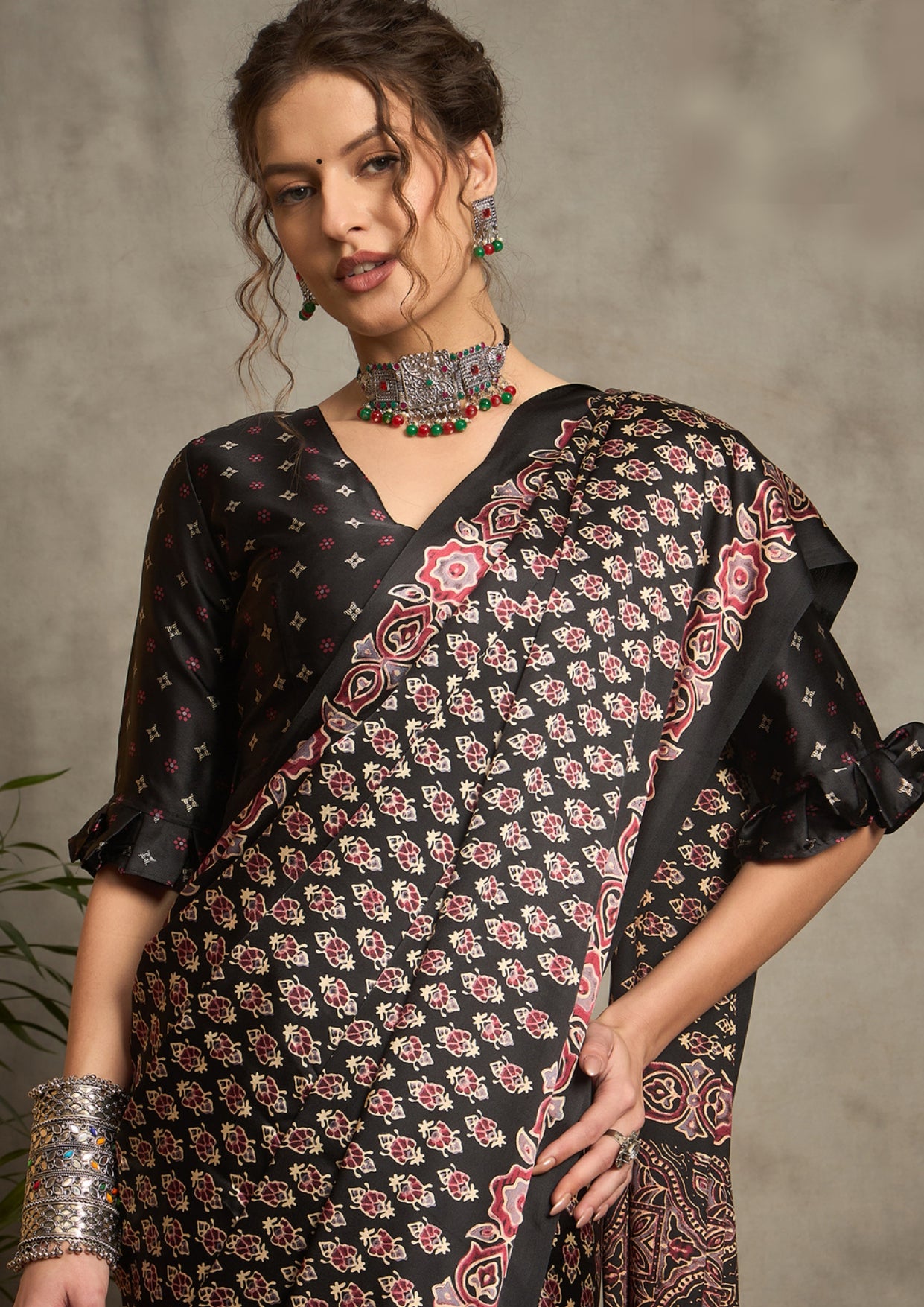 Ajrak Print style saree in black colour