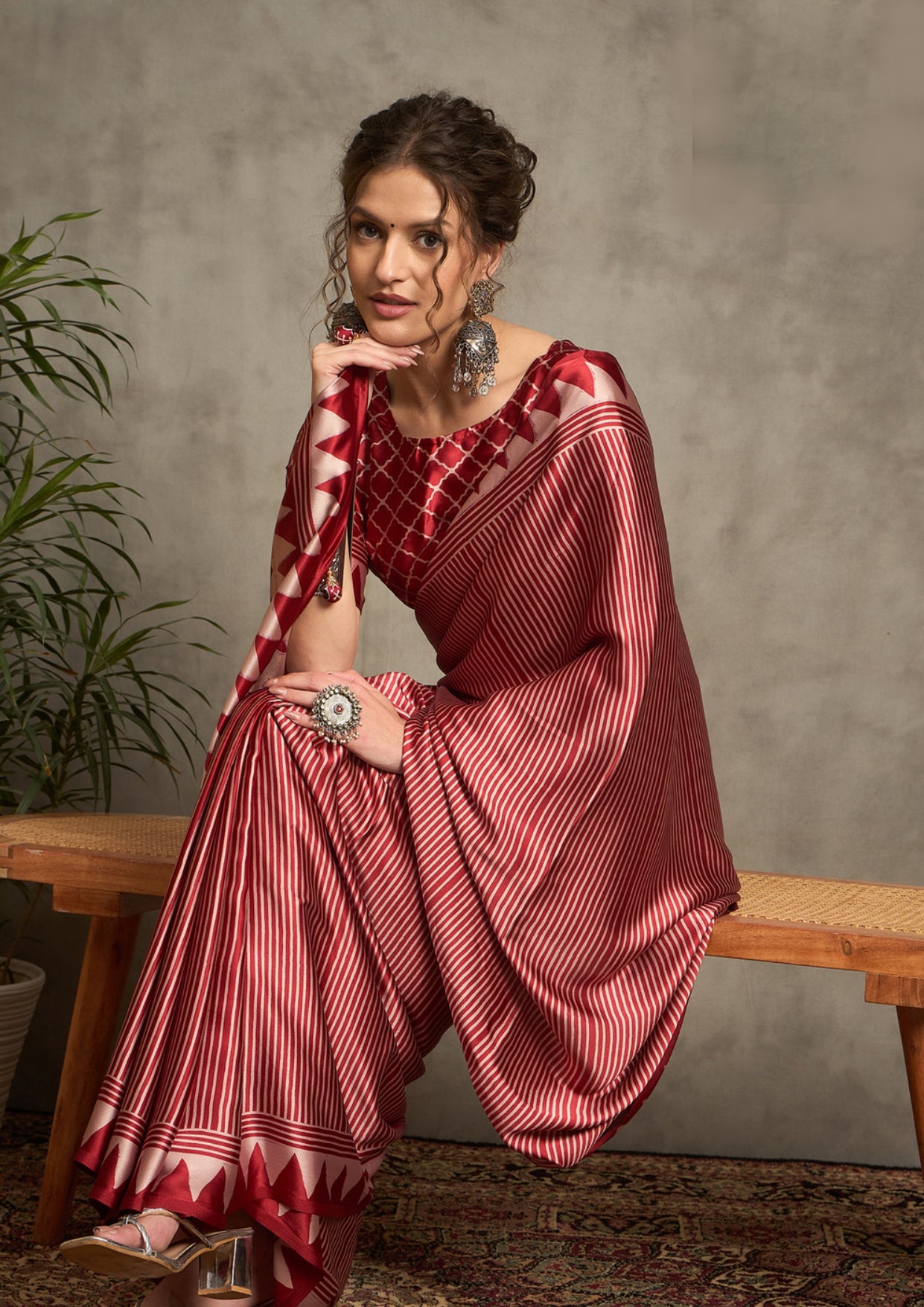 Ajrak Print style saree in red colour