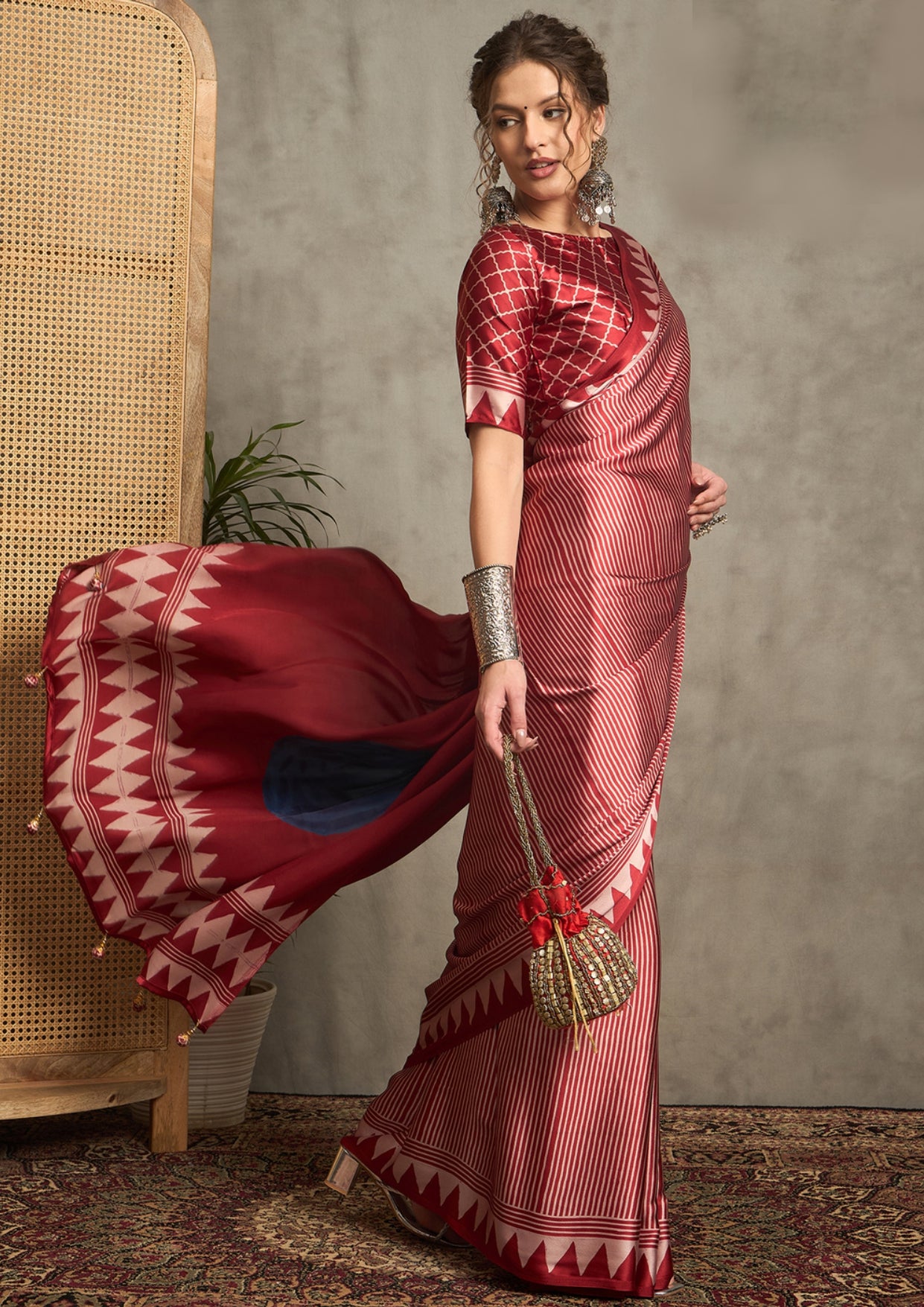 Ajrak Print style saree in red colour
